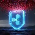 Photographie cinématique d'un bouclier lumineux XRP repoussant une tempête rouge, symbolisant la défense du support technique face à la baisse du marché.