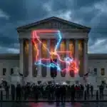 Façade de la Cour suprême des Etats-Unis avec une carte lumineuse de la Louisiane et des manifestants
