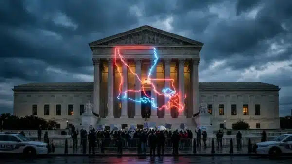Façade de la Cour suprême des Etats-Unis avec une carte lumineuse de la Louisiane et des manifestants
