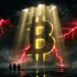 Photographie cinématique d'un Bitcoin doré résistant à une tempête effrayante, symbolisant la force du cours face à la panique du marché.
