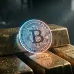 Une pièce de Bitcoin posée sur des lingots d'or illustrant la concurrence entre les deux valeurs refuges face à l'inflation. | Analyse du cours du Bitcoin à 74722 $.