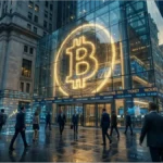 Façade d'un bâtiment financier de Wall Street avec un symbole Bitcoin lumineux représentant l'adoption des ETF par Morgan Stanley | Analyse du cours du Bitcoin à 74770 $.