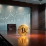 Pièce de Bitcoin dorée sur une table de réunion avec graphique boursier du cours Bitcoin en arrière-plan