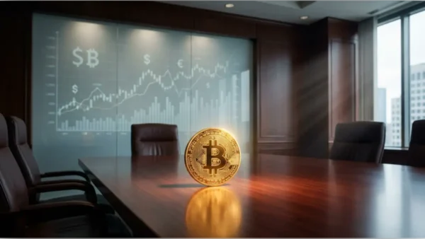 Pièce de Bitcoin dorée sur une table de réunion avec graphique boursier du cours Bitcoin en arrière-plan