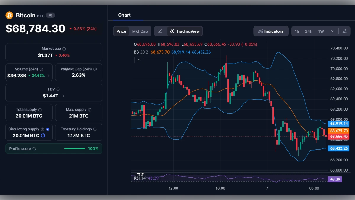 Graphique en chandeliers du prix du Bitcoin (BTC) avec indicateurs techniques et données de marché