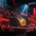 Photographie cinématique d'un Bitcoin glissant sur un graphique rouge, symbolisant la baisse du cours et l'analyse du marché crypto.