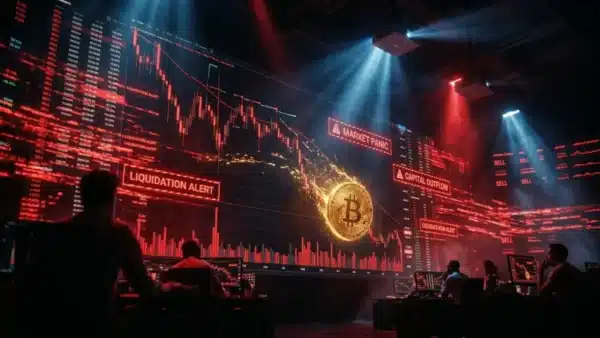 Photographie cinématique d'un Bitcoin glissant sur un graphique rouge, symbolisant la baisse du cours et l'analyse du marché crypto.