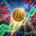 Photographie cinématique d'un Bitcoin brisant des barrières de verre vers le haut, symbolisant l'explosion du cours et du marché crypto.