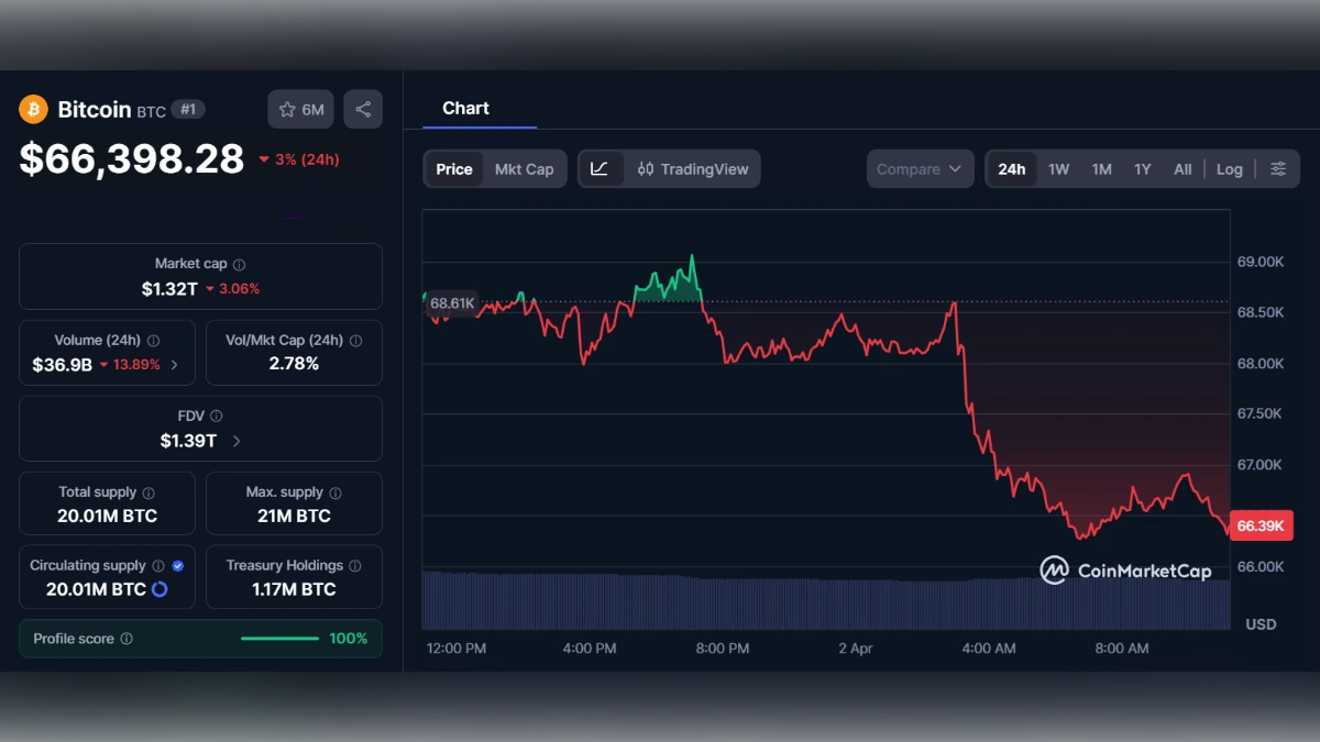 Graphique en temps réel du prix du Bitcoin affichant 66 398 dollars sur CoinMarketCap