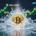 Un Bitcoin doré brisant la glace vers le haut avec des graphiques boursiers verts en arrière-plan, symbolisant le rebond du marché crypto.