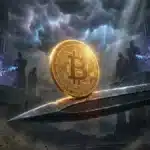 Photographie cinématique d'un Bitcoin en équilibre sur une lame, symbolisant la tension sur le cours et l'approche d'un choc crypto.