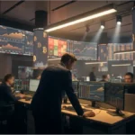 Traders surveillant les écrans alors que le cours bitcoin chute sous les 77 000 dollars