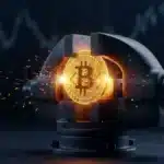 Photographie cinématique d'un Bitcoin doré coincé dans un immense étau mécanique, symbolisant la compression extrême du cours avant l'explosion de la volatilité.