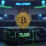 Un Bitcoin doré en équilibre parfait sur un bloc de granit noir, entouré de lignes vertes, symbolisant la consolidation du prix autour des 75 000 dollars.