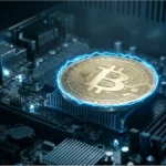 Pièce Bitcoin sur un circuit électronique avec halo bleu symbolisant le cours Bitcoin