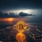 Photographie cinématique d'un Bitcoin sur une carte fissurée, symbolisant la crise géopolitique et la chute du cours.