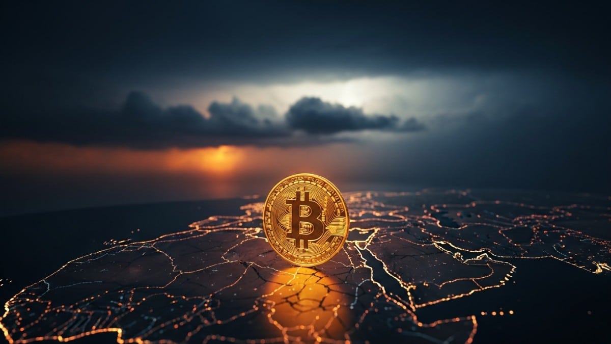 Photographie cinématique d'un Bitcoin sur une carte fissurée, symbolisant la crise géopolitique et la chute du cours.