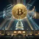 Photographie cinématique d'un Bitcoin au-dessus du Capitole des Etats-Unis, symbolisant l'impact de l'inflation sur le cours du BTC.
