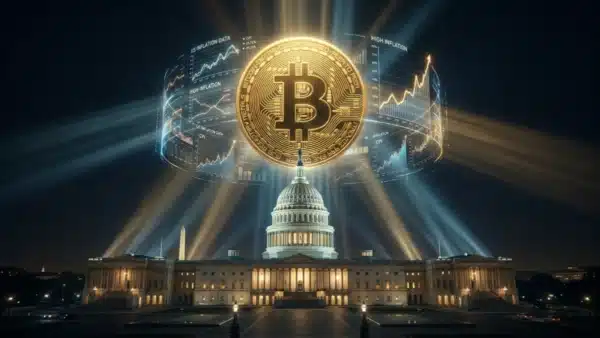 Photographie cinématique d'un Bitcoin au-dessus du Capitole des Etats-Unis, symbolisant l'impact de l'inflation sur le cours du BTC.