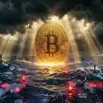 Photographie cinématique d'une pièce Bitcoin descendant dans un océan numérique orageux, symbolisant le recul du cours bitcoin et du marché crypto.