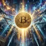 Photographie cinématique d'un Bitcoin brisant un plafond de verre, symbolisant l'explosion du cours bitcoin et du marché crypto.