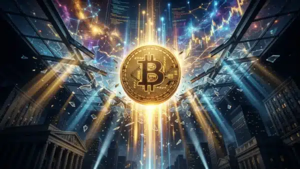 Photographie cinématique d'un Bitcoin brisant un plafond de verre, symbolisant l'explosion du cours bitcoin et du marché crypto.