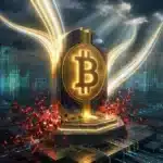 Photographie cinématique d'un monument Bitcoin absorbant des flux de lumière, symbolisant l'accumulation de la smart money sur le marché crypto.