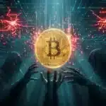 Photographie cinématique d'un Bitcoin chutant à travers une grille numérique avec des explosions rouges, symbolisant les liquidations sur le marché crypto.