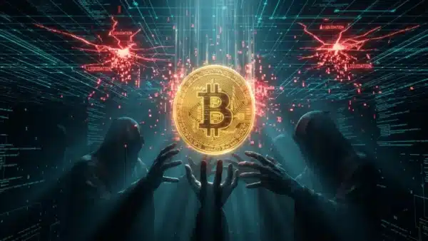 Photographie cinématique d'un Bitcoin chutant à travers une grille numérique avec des explosions rouges, symbolisant les liquidations sur le marché crypto.