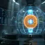 Photographie cinématique d'un Bitcoin compressant de l'énergie, symbolisant l'analyse du cours et du prix du BTC sur le marché crypto.