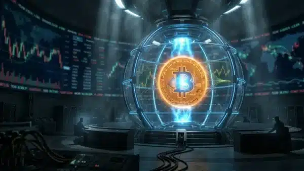 Photographie cinématique d'un Bitcoin compressant de l'énergie, symbolisant l'analyse du cours et du prix du BTC sur le marché crypto.