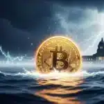 Photographie cinématique d'un Bitcoin lumineux bravant une tempête numérique, symbolisant la résistance du prix face à l'économie mondiale.