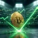 Photographie cinématique d'une pièce Bitcoin rebondissant sur un sol en titane, symbolisant la reprise en V du cours et du marché crypto.