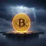 Photographie cinématique d'un Bitcoin doré résistant à une tempête sur un socle en pierre, symbolisant la défense du support majeur du prix BTC.