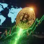 Un Bitcoin doré s'élevant avec force devant une carte du monde holographique et des graphiques financiers verts.
