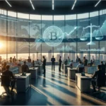 Graphique du cours Bitcoin et balance de la justice symbolisant la régulation américaine sur les marchés financiers