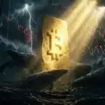 Photographie cinématique d'un Bitcoin doré résistant à une tempête numérique avec des baleines, symbolisant la résilience du marché crypto.