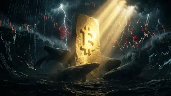 Photographie cinématique d'un Bitcoin doré résistant à une tempête numérique avec des baleines, symbolisant la résilience du marché crypto.