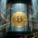 Photographie cinématique d'un Bitcoin enfermé dans une chambre de pression, symbolisant la compression du marché crypto.