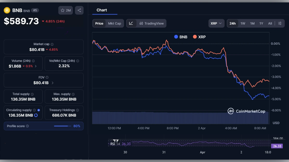 Graphique du prix du BNB à 589,73 dollars avec comparaison XRP sur 24 heures