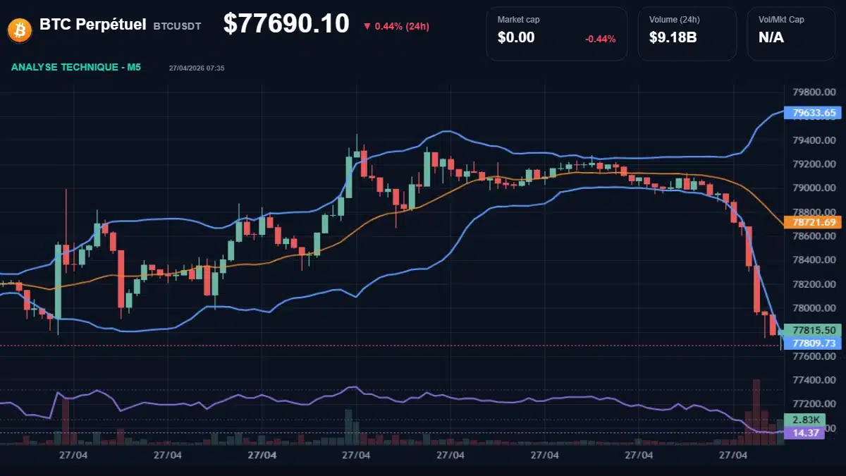 Graphique du cours BTC Perpétuel à 77690 Analyse technique du cours de BTC Perpétuel de btcusdt à 77690 $ aujourd'hui