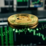 Graphique de trading et pièce physique représentant l'analyse technique du prix du Dogecoin et des memecoins. | Analyse du cours du Dogecoin à 0.095904 $.