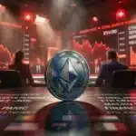 Une pièce Ethereum (ETH) au premier plan avec des graphiques boursiers rouges flous en arrière-plan, symbolisant la baisse du prix face à la crise.