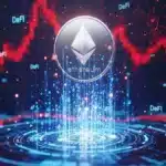 Une pièce Ethereum argentée s'élevant à travers un réseau de données DeFi, entourée de graphiques boursiers brisés signalant des liquidations.