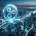 Représentation numérique du jeton XRP au-dessus de Tokyo, symbolisant l'adoption par SBI Holdings et Rakuten | Analyse du cours du XRP à 1.41 $.