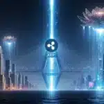 Illustration épique d'un pont énergétique symbolisant le réseau Ripple connectant la finance traditionnelle à l'Asie grâce au XRP.