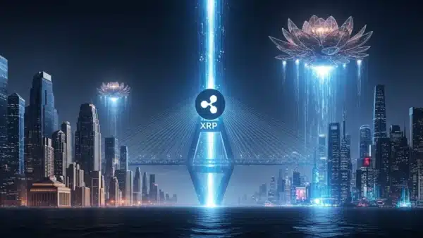 Illustration épique d'un pont énergétique symbolisant le réseau Ripple connectant la finance traditionnelle à l'Asie grâce au XRP.