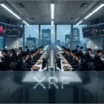 Logo XRP en métal au premier plan d'une salle de trading avec des graphiques boursiers