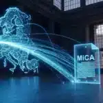 Photographie cinématique d'une carte de l'Europe convergeant vers Paris, symbolisant la centralisation de la régulation crypto.