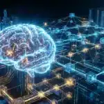 Illustration d'un cerveau numérique connecté à un réseau blockchain symbolisant la fusion entre cryptomonnaie et intelligence artificielle
